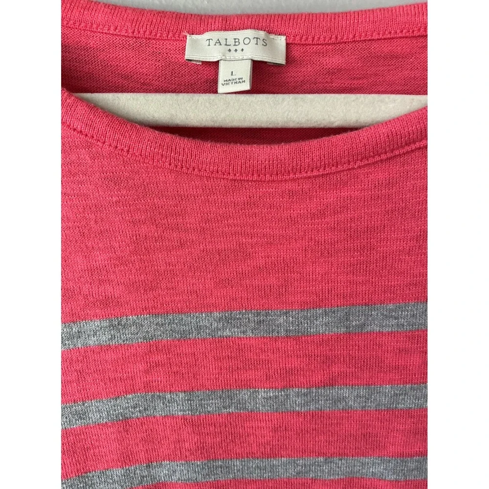 Talbots Womens Coral Pink Grey Striped Long Sleeve Cotton Blend Knit Sweater  Lg